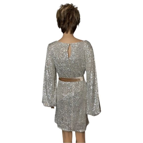 Champagne Sequin Dress with Balloon Sleeves and Velvet Sash Size XL - Picture 8 of 10